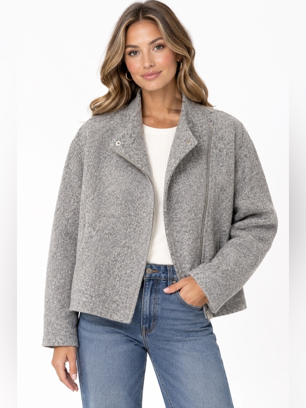 NWT BCBGeneration Grey Wool Blend Asymmetrical Zip Knit Moto Jacket Size Small